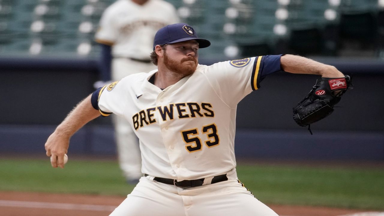 Milwaukee Brewers' Brandon Woodruff throws during an intrasquad game Tuesday, July 14, 2020, at Miller Park in Milwaukee.