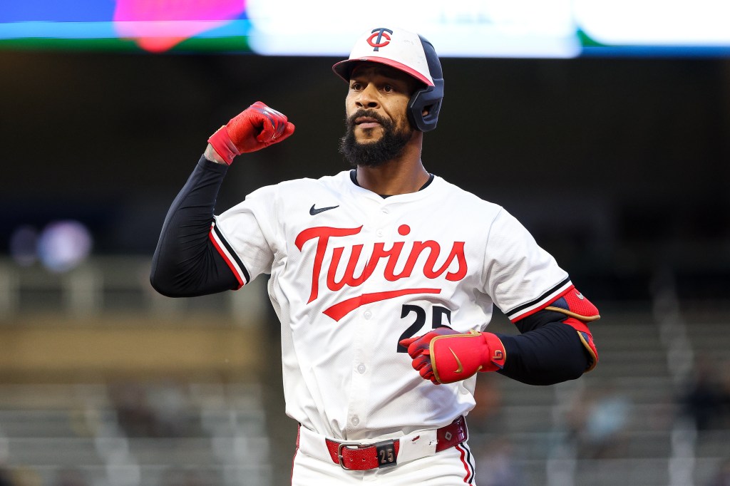 Minnesota Twins player Byron Buxton celebrates a hit.