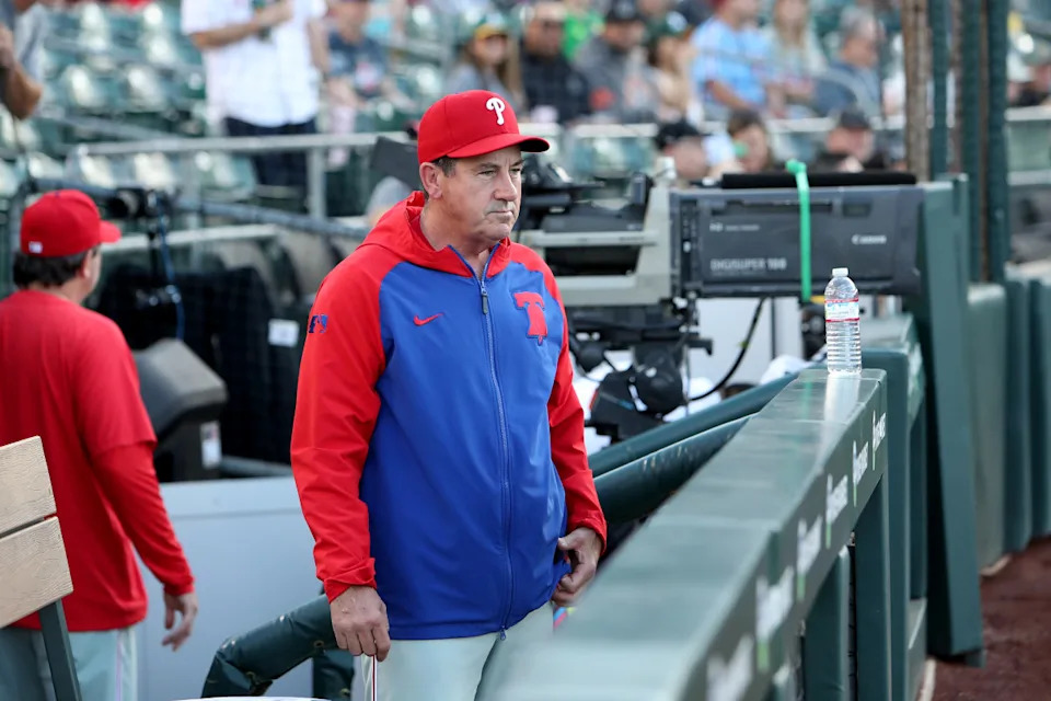 Philadelphia Phillies manager Rob Thomson (59) in the dugout before the start of the game against the Athletics at Sutter Health Park.Dennis Lee-Imagn Images