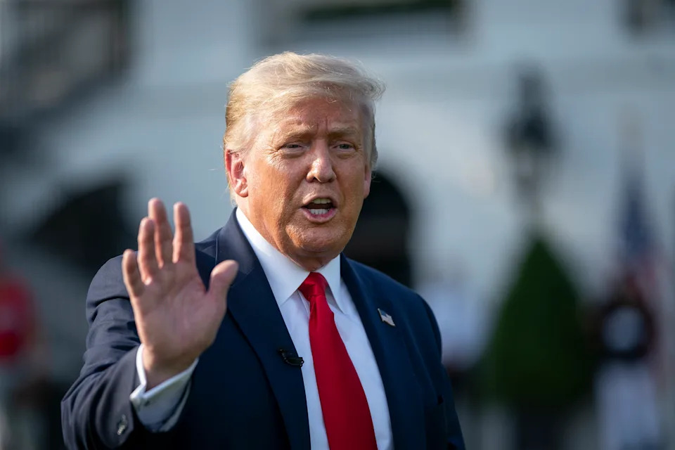 WASHINGTON, DC - JULY 23: U.S. President Donald Trump speaks after meeting with youth baseball players on the South Lawn of the White House on July 23, 2020 in Washington, DC. President Trump and former New York Yankees Hall of Fame pitcher Mariano Rivera met with youth baseball players to celebrate Opening Day of Major League Baseball. (Photo by Drew Angerer/Getty Images)