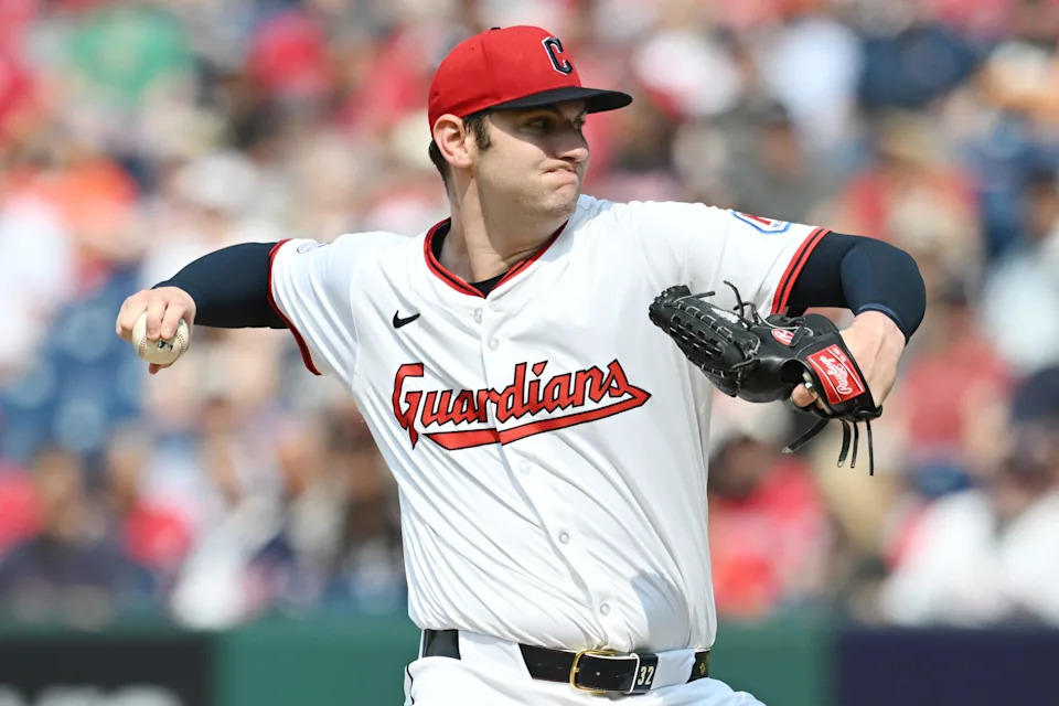 Jun 7, 2025; Cleveland, Ohio, USA; Cleveland Guardians starting pitcher Gavin Williams (32) throws a pitch during the first inning against the Houston Astros at Progressive Field. Mandatory Credit: Ken Blaze-Imagn Images