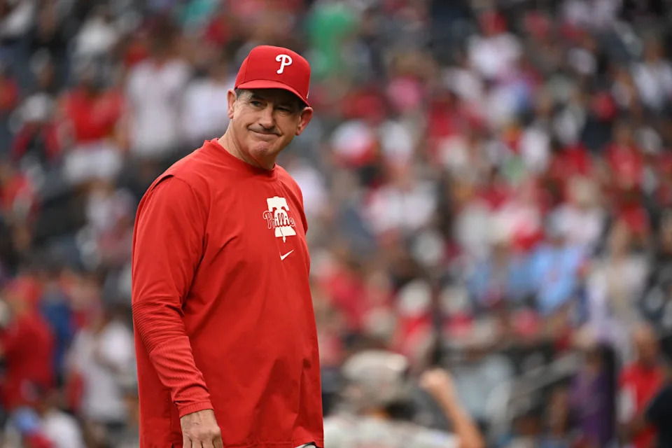 Sep 29, 2024; Washington, District of Columbia, USA; Philadelphia Phillies manager Rob Thomson (59) walks back to the dugout after a visit to the mound against the Washington Nationals during the sixth inning at Nationals Park.Rafael Suanes-Imagn Images