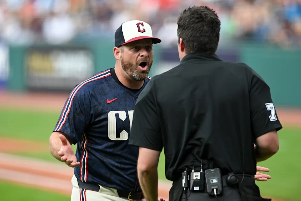 CLEVELAND, OHIO - JUNE 27: Manager Stephen Vogt #12 of the Cleveland Guardians argues a strike call with home plate umpire John Bacon during the first inning against the St. Louis Cardinals at Progressive Field on June 27, 2025 in Cleveland, Ohio. (Photo by Nick Cammett/Getty Images)