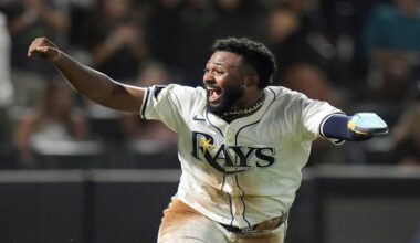 Tampa Bay Rays' Junior Caminero reacts after scoring the game-winning run on an RBI single by Taylor Walls off Texas Rangers pitcher Robert Garcia during the ninth inning of a baseball game Thursday, June 5, 2025, in Tampa, Fla. (AP Photo/Chris O'Meara)