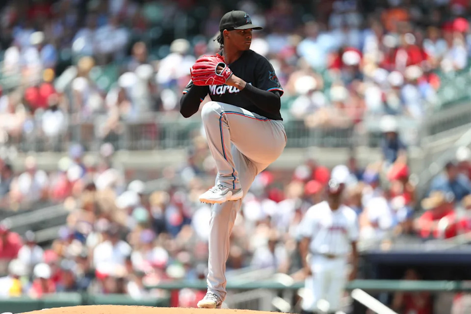 Aug 4, 2024; Cumberland, Georgia, USA; Miami Marlins starting pitcher Edward Cabrera (27) pitches against the Atlanta Braves in the first inning at Truist Park.Mady Mertens-USA TODAY Sports