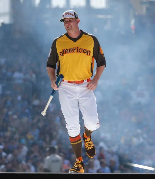 American Leagues Mark Trumbo, of the Baltimore Orioles is announced prior to the MLB baseball All-Star Home Run Derby, Monday, July 11, 2016, in San Diego. (AP Photo/Lenny Ignelzi)