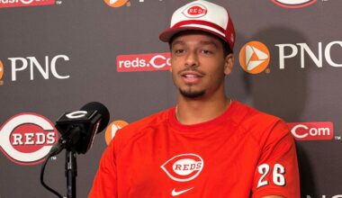 Cincinnati Reds pitcher Chase Burns speaks to the media at Great American Ball Park before a game against the New York Yankees, Monday, June 23, 2025, in Cincinnati, Ohio. (AP Photo/Joe Reedy)