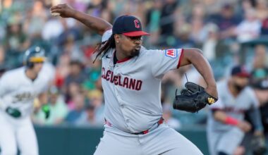 Cleveland Guardians pitcher Luis L. Ortiz throws to the Athletics during the second inning of a baseball game Saturday, June 21, 2025, in West Sacramento, Calif.