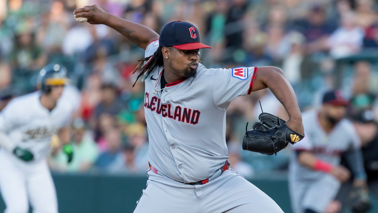 Cleveland Guardians pitcher Luis L. Ortiz throws to the Athletics during the second inning of a baseball game Saturday, June 21, 2025, in West Sacramento, Calif.