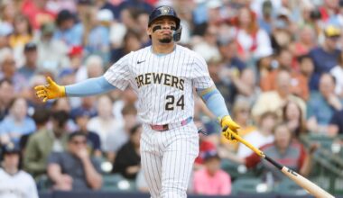 Milwaukee Brewers' William Contreras reacts after striking out against the St. Louis Cardinals during the fourth inning of a baseball game, Saturday, June, 14, 2025, in Milwaukee.