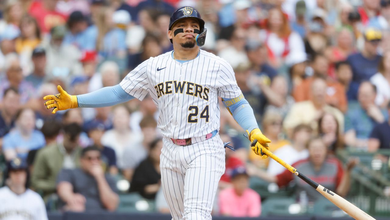 Milwaukee Brewers' William Contreras reacts after striking out against the St. Louis Cardinals during the fourth inning of a baseball game, Saturday, June, 14, 2025, in Milwaukee.