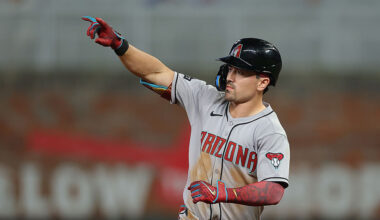 Diamondbacks' Corbin Carroll celebrates after a hit...