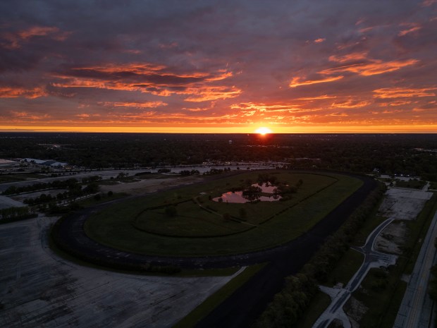 The former Arlington International Racecourse, facing east at sunrise, on...