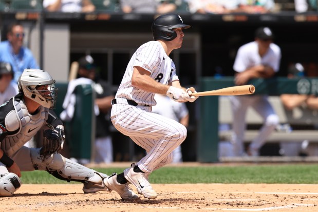 Kyle Teel of the White Sox hits an RBI single during the first inning against the Diamondbacks on Wednesday, June 25, 2025, at Rate Field. (Geoff Stellfox/Getty Images)