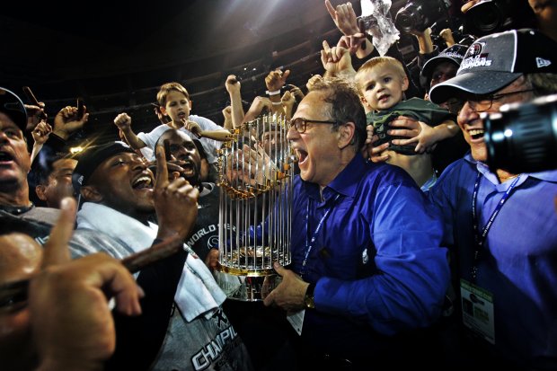 White Sox Chairman Jerry Reinsdorf celebrates the team's 1-0 victory over the Astros in Game 4 of the World Series on Oct. 26, 2005, in Houston. (Charles Cherney/Chicago Tribune)
