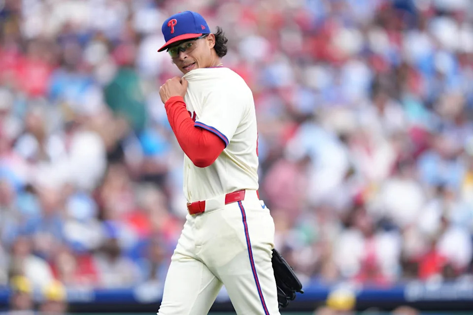 Philadelphia Phillies starting pitcher Jesus Luzardo (44) reacts after being removed from the game against the Milwaukee Brewers in the fourth inning at Citizens Bank Park.Kyle Ross-Imagn Images