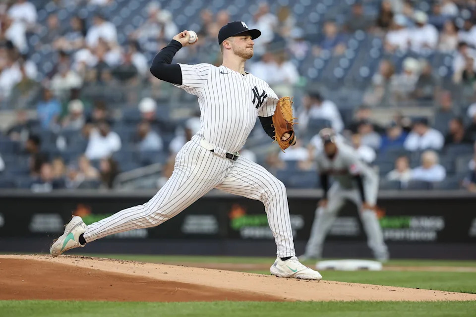 Jun 4, 2025; Bronx, New York, USA; New York Yankees starting pitcher Clarke Schmidt (36) pitches in the first inning against the Cleveland Guardians at Yankee Stadium. Mandatory Credit: Wendell Cruz-Imagn Images