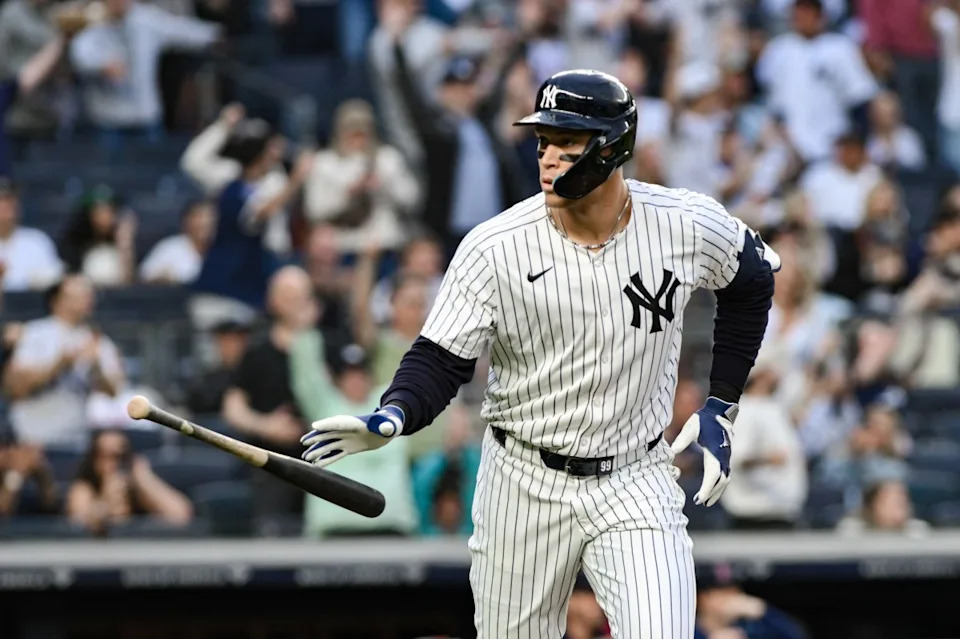 New York Yankees slugger Aaron Judge reacts to hitting a home run in the first inning against the Boston Red Sox at Yankee Stadium on June 8, 2025. © John Jones-Imagn Images