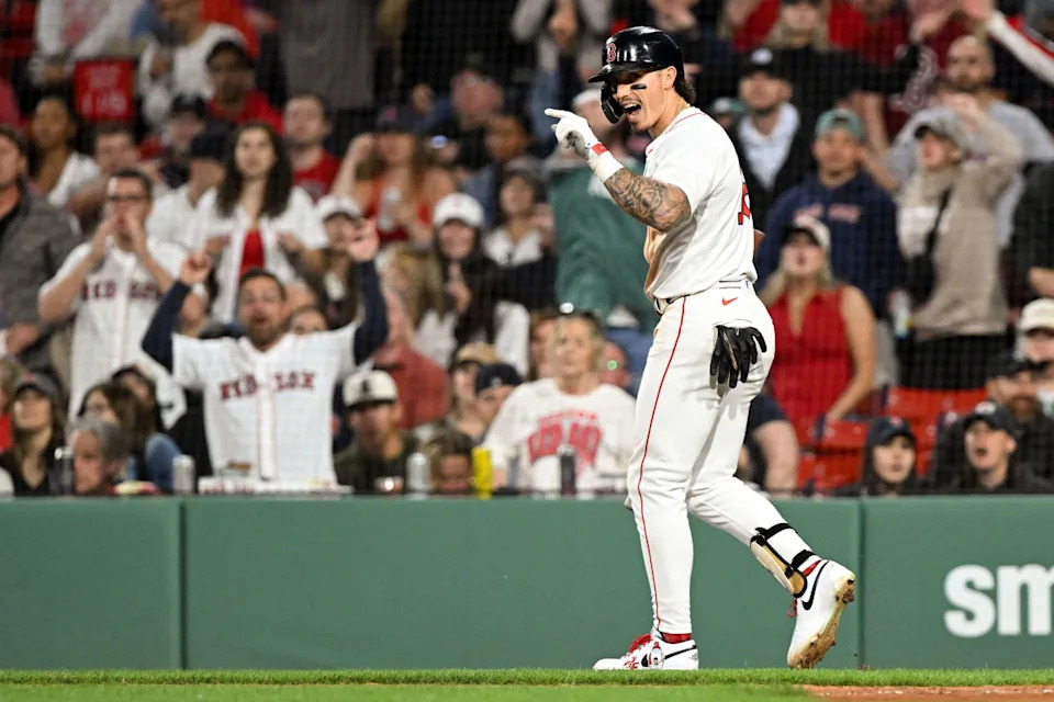 Jun 2, 2025; Boston, Massachusetts, USA; Boston Red Sox outfielder Jarren Duran (16) reacts after striking out against the Los Angeles Angels during the eighth inning at Fenway Park.Brian Fluharty-Imagn Images