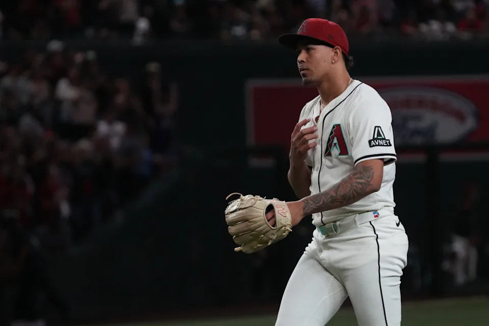 Arizona Diamondbacks pitcher Justin Martinez (63) reacts after defeating the Atlanta Braves at Chase Field in Phoenix on April 27, 2025.