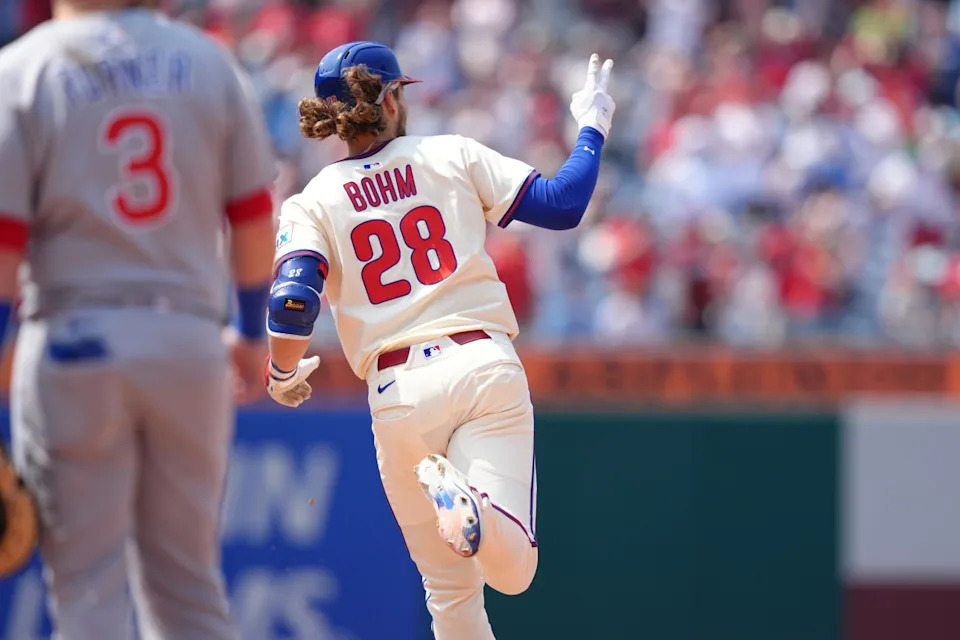 Philadelphia Phillies infielder Alec Bohm (28) reacts as he rounds the bases after hitting a home run against the Chicago Cubs in the seventh inning at Citizens Bank Park.Kyle Ross-Imagn Images