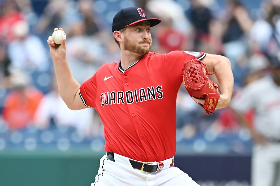 Jun 8, 2025; Cleveland, Ohio, USA; Cleveland Guardians starting pitcher Tanner Bibee (28) throws a pitch during the first inning against the Houston Astros at Progressive Field. Mandatory Credit: Ken Blaze-Imagn Images
