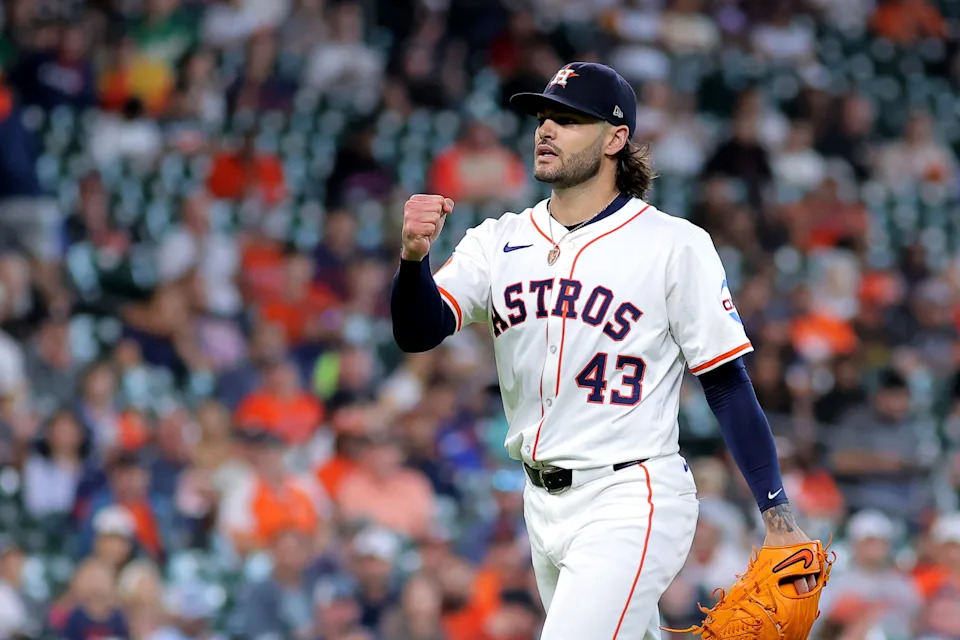 Houston Astros starting pitcher Lance McCullers Jr. reacts after a strikeout to retire the side against the Athletics during the fourth inning at Daikin Park.