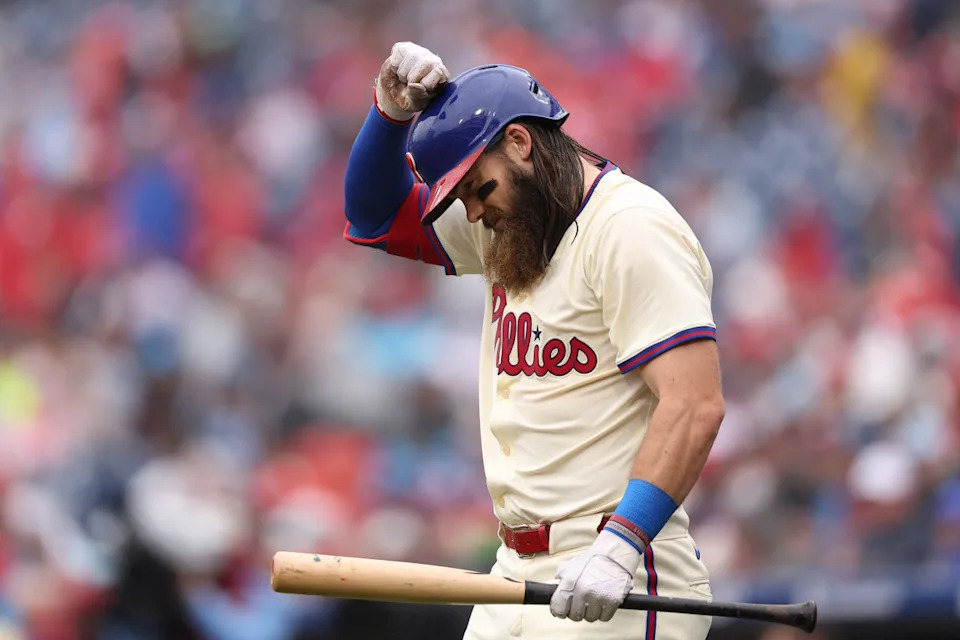 Philadelphia Phillies outfielder Brandon Marsh (16) prepares to bat against the St. Louis Cardinals during the second inning at Citizens Bank Park.Bill Streicher-Imagn Images