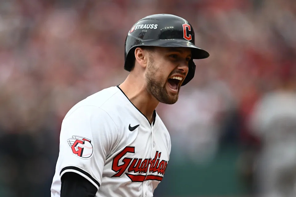Cleveland Guardians outfielder Lane Thomas (8) runs the bases after hitting a grand slam in the fifth inning against the Detroit Tigers during game five of the ALDS for the 2024 MLB Playoffs at Progressive Field.Ken Blaze-Imagn Images