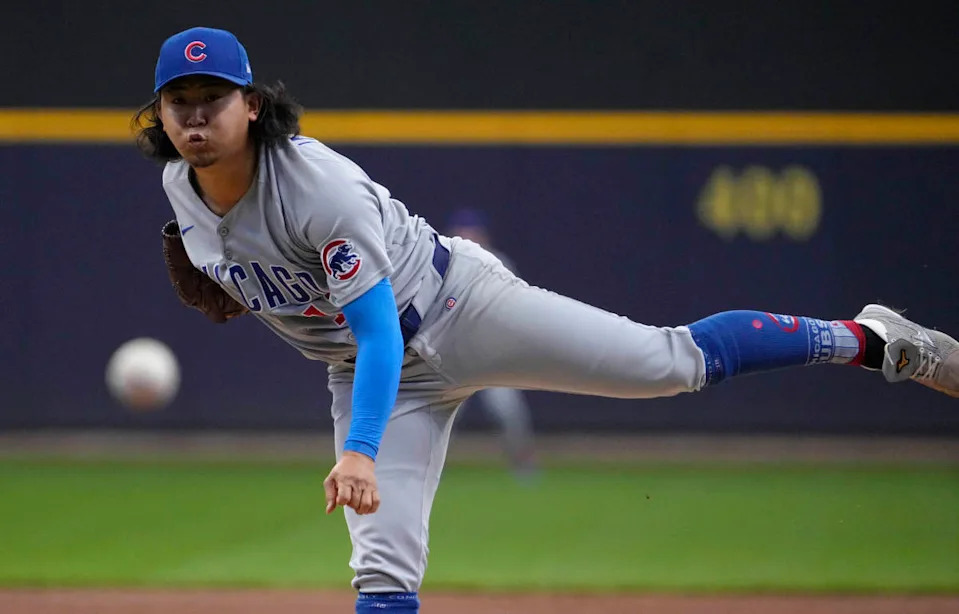 May 4, 2025; Milwaukee, Wisconsin, USA; Chicago Cubs pitcher Shota Imanaga (18) delivers a pitch against the Milwaukee Brewers in the first inning at American Family Field. Michael McLoone-Imagn Images