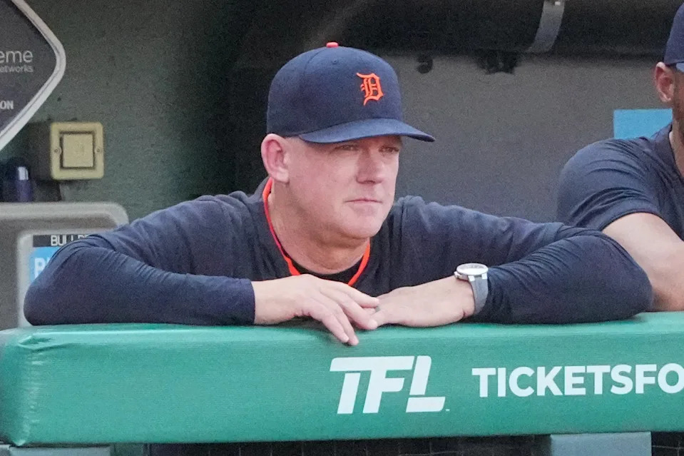Detroit Tigers manager A.J. Hinch (14) watches play against the Kansas City Royals in the ninth inning at Kauffman Stadium in Kansas City, Missouri, on Saturday, May 31, 2025.