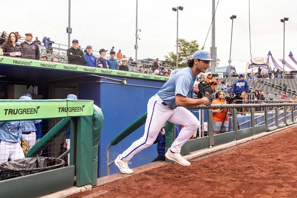 Jac Caglianone runs onto the field during a game with Triple-A Omaha on May 27. AP