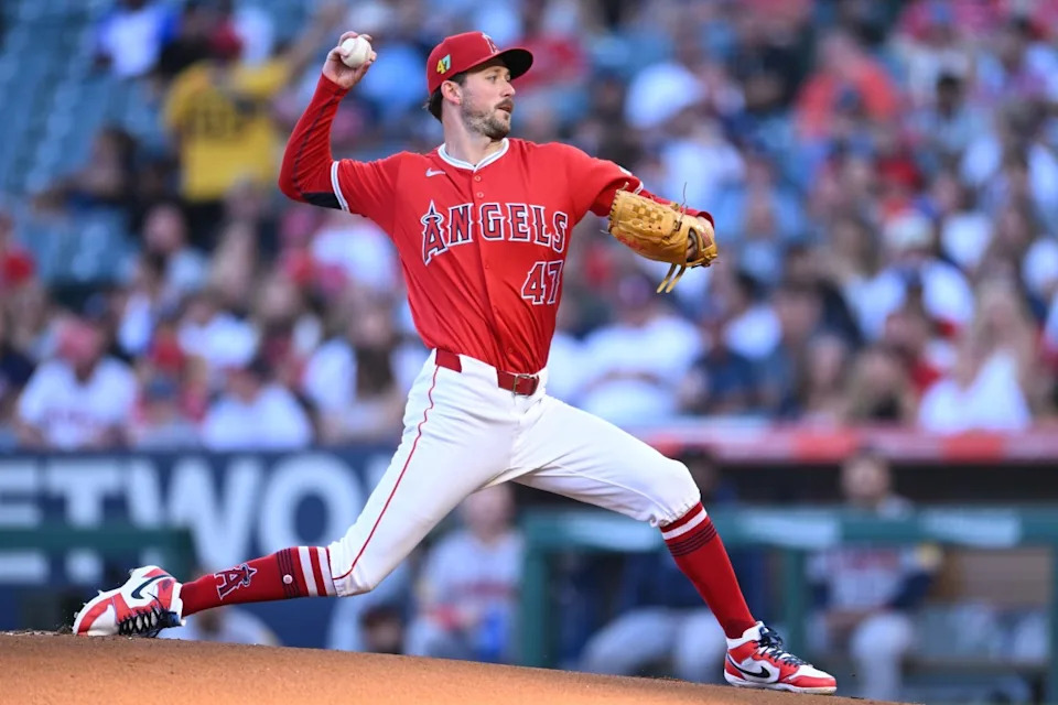 Aug 17, 2024; Anaheim, California, USA; Los Angeles Angels pitcher Griffin Canning (47) throws a pitch against the Atlanta Braves during the first inning at Angel Stadium. Jonathan Hui-USA TODAY SportsJonathan Hui-USA TODAY Sports