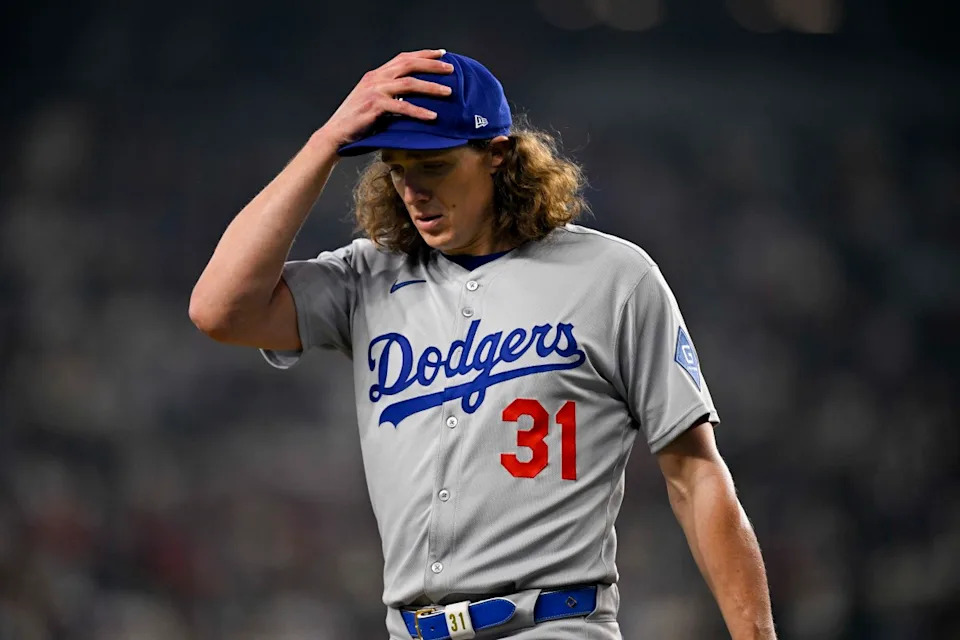 Los Angeles Dodgers starting pitcher Tyler Glasnow (31) comes off the field after he pitches against the Texas Rangers during the first inning at Globe Life Field.Jerome Miron-Imagn Images
