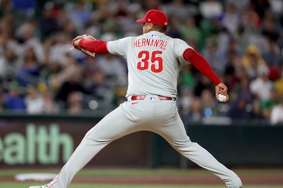 Philadelphia Phillies pitcher Carlos Hernandez (35) throws a pitch against the Athletics during the sixth inning at Sutter Health Park.Dennis Lee-Imagn Images