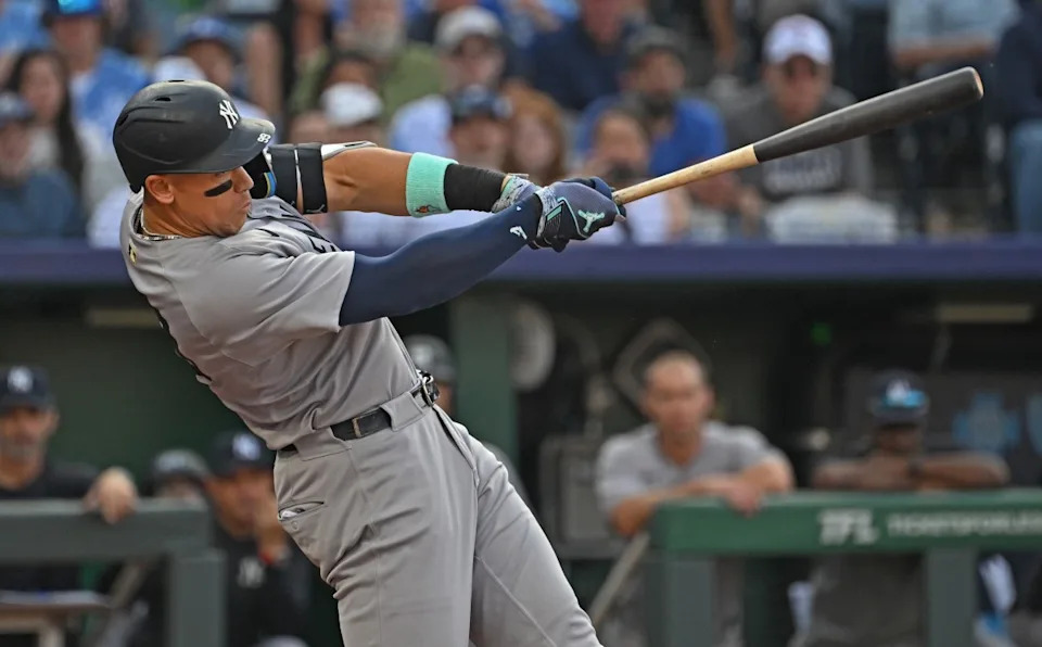 New York Yankees slugger Aaron Judge hits a 469-foot home run against the Royals at Kauffman Stadium on June 11, 2025.© Peter Aiken-Imagn Images