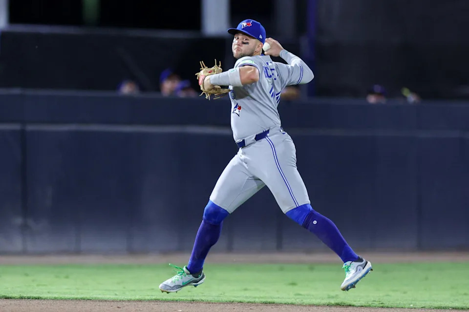 May 24, 2025; Tampa, Florida, USA; Toronto Blue Jays shortstop Bo Bichette (11) throws to first for an out against the Tampa Bay Rays in the eighth inning at George M. Steinbrenner Field.Nathan Ray Seebeck-Imagn Images
