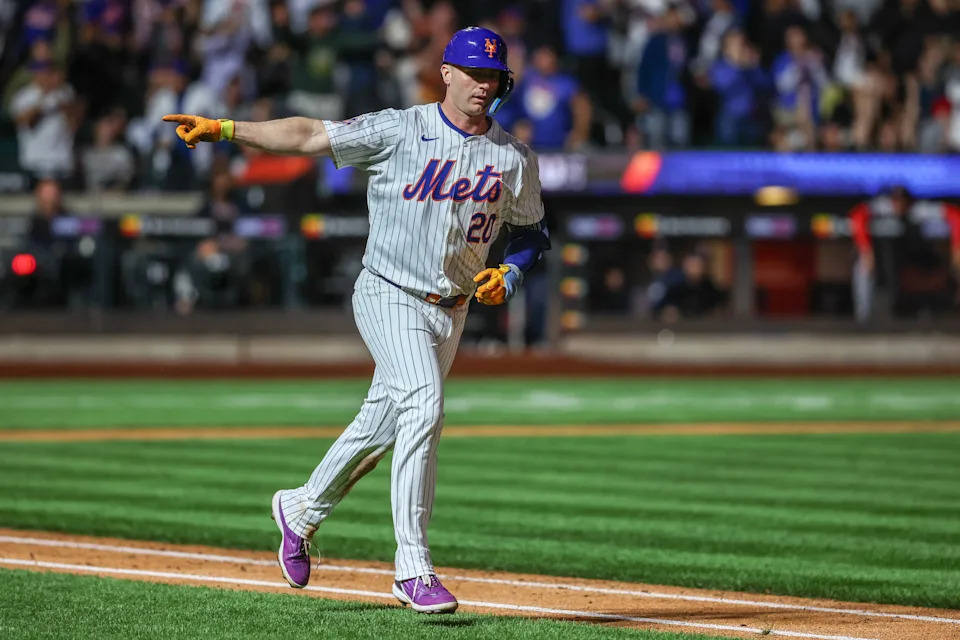 Sep 3, 2024; New York City, New York, USA; New York Mets first baseman Pete Alonso (20) hits a two-run home run in the eighth inning against the Boston Red Sox at Citi Field. Mandatory Credit: Wendell Cruz-Imagn Images