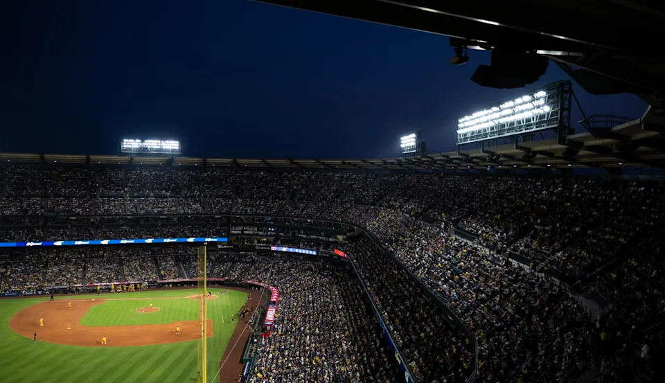 Fans fill the stands as the Savannah Bananas take on the Firefighters in front of a sold out crowd at Angel Stadium.
