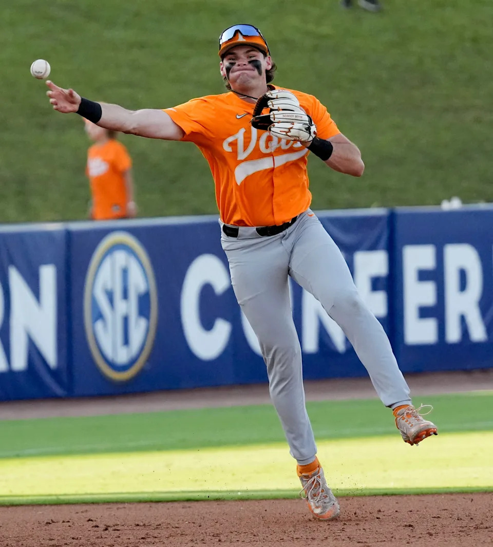 May 22, 2025; Hoover, AL, USA; Tennessee shortstop Gavin Kilen (6) makes a play in the hole and throws to first for an out in the third round of the SEC Baseball Tournament at the Hoover Met. Tennessee eliminated Texas with a 12-inning 7-5 victory.