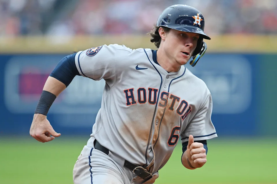 Jake Meyers rounds the bases during a June 8 game vs. the Guardians. © Ken Blaze-Imagn Images