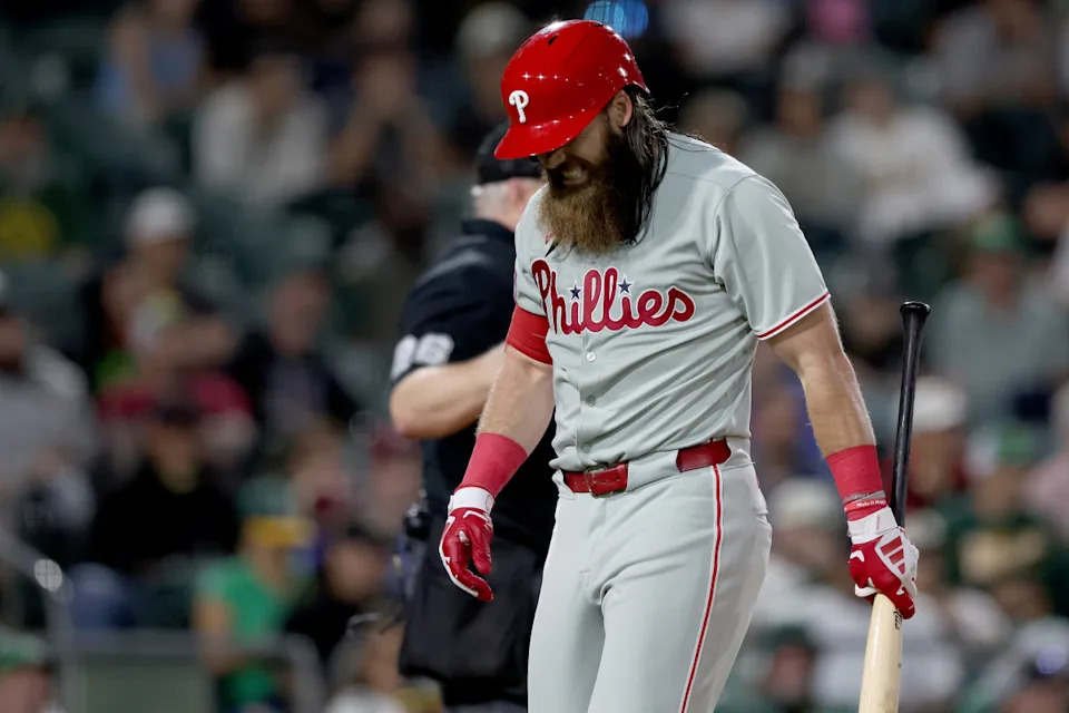 Philadelphia Phillies outfielder Brandon Marsh (16) reacts after striking out against the Athletics during the ninth inning at Sutter Health Park.Dennis Lee-Imagn Images