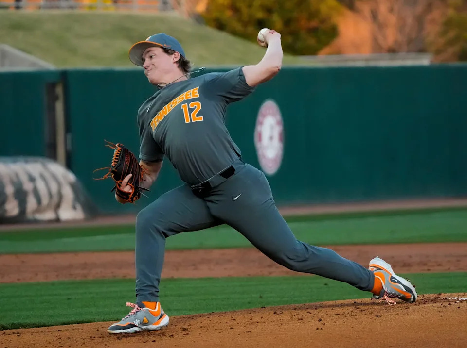 Mar 20, 2025; Tuscaloosa AL, USA; Tennessee pitcher Liam Doyle (12) pitches against Alabama at Sewell-Thomas Stadium.
