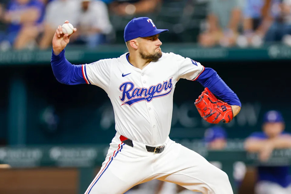 Texas Rangers pitcher Nathan Eovaldi (17) throws during the first inning against the New York Yankees at Globe Life Field.Andrew Dieb-Imagn Images