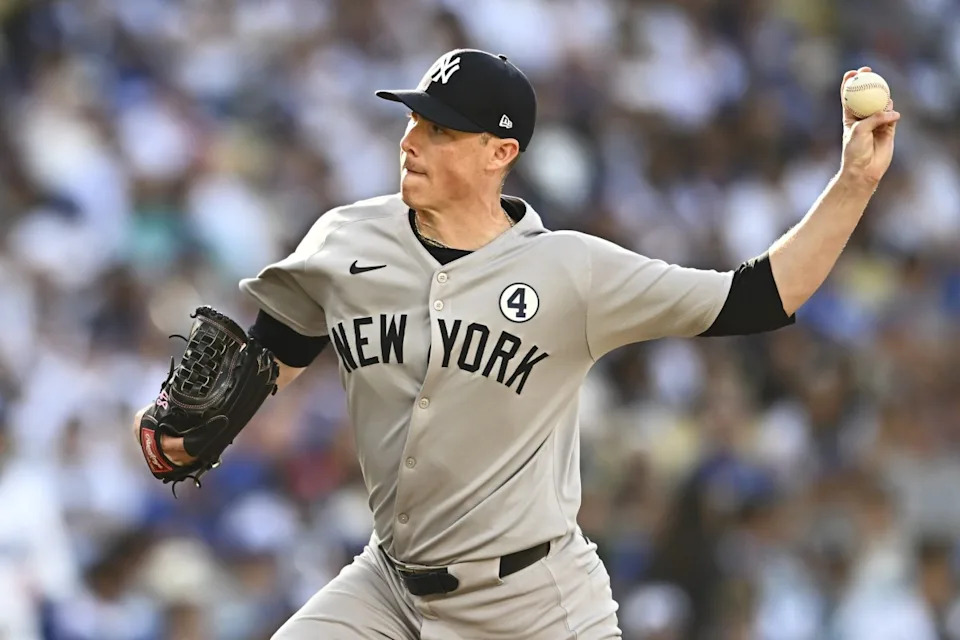 New York Yankees starter Ryan Yarbrough pitches against the Dodgers in Los Angeles on June 1, 2025. © Jonathan Hui-Imagn Images