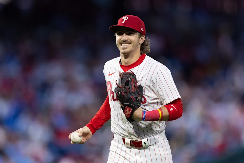Philadelphia Phillies second base Bryson Stott (5) during the fifth inning against the New York Mets at Citizens Bank Park.Bill Streicher-Imagn Images
