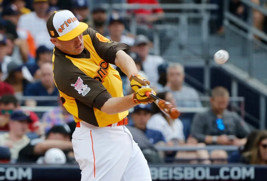 American Leagues Mark Trumbo, of the Baltimore Orioles, hits during the MLB baseball All-Star Home Run Derby, Monday, July 11, 2016, in San Diego. (AP Photo/Lenny Ignelzi)