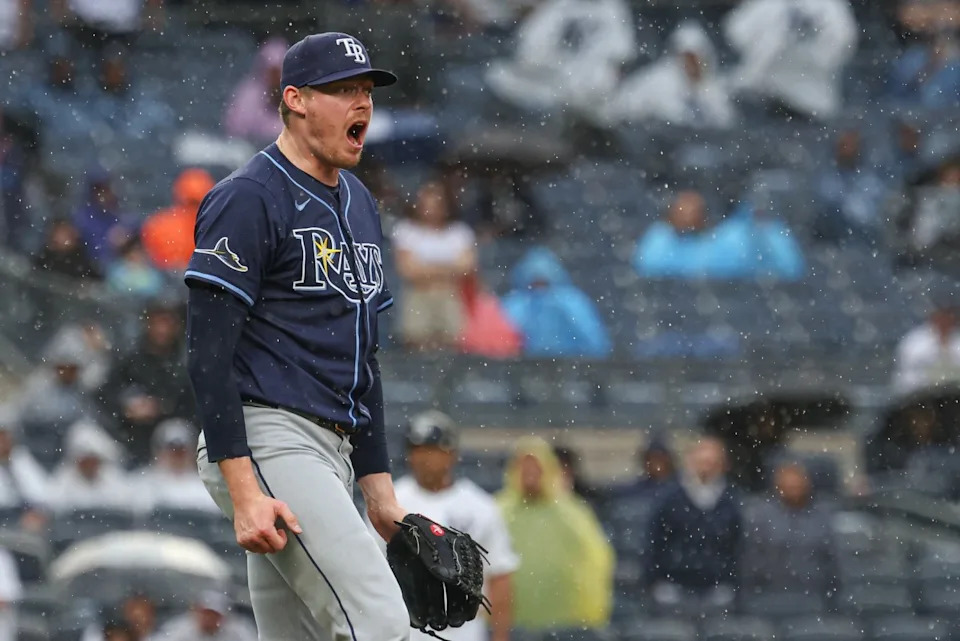 Tampa Bay Rays relief pitcher Pete Fairbanks reacts after striking out the side to close the ninth inning against the New York Yankees at Yankee Stadium.Vincent Carchietta-Imagn Images