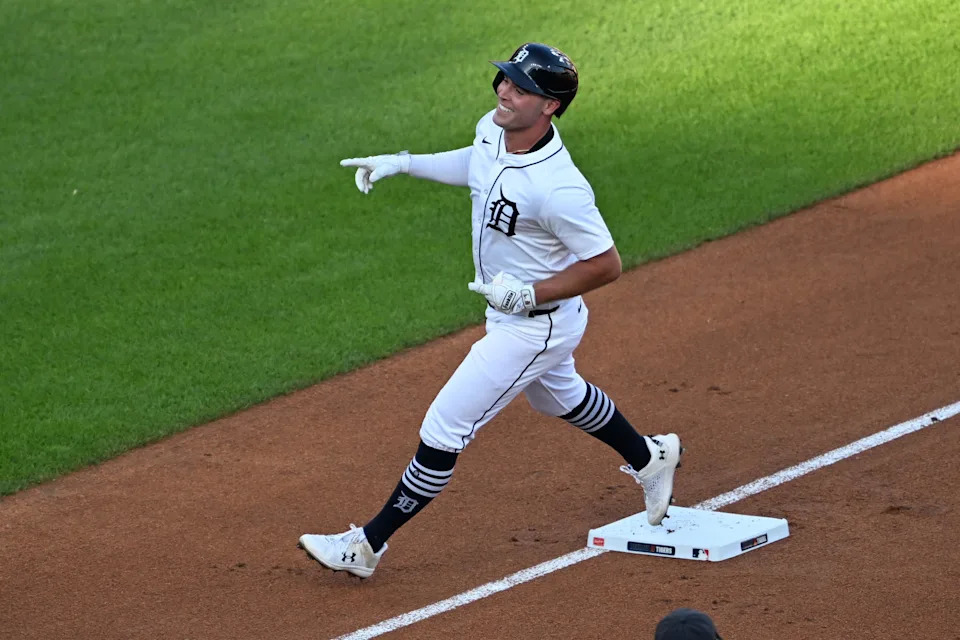 Detroit Tigers right fielder Kerry Carpenter (30) celebrates after hitting a solo home run against the Minnesota Twins in the first inning at Comerica Park in Detroit on Sunday, June 29, 2025.