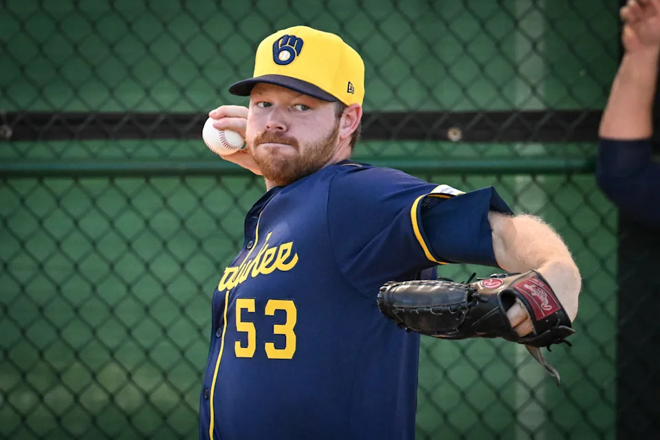 Milwaukee Brewers pitcher Brandon Woodruff (53) throws in the bullpen during spring training workouts Tuesday, February 18, 2025, at American Family Fields of Phoenix in Phoenix, Arizona.